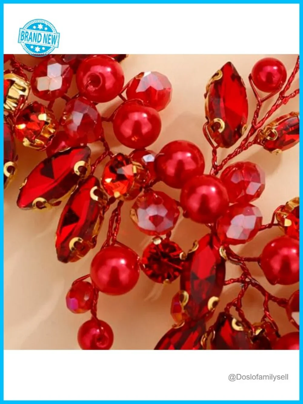 Handmade Pearl Ruby Red Hair Vine Boho Banquet Hair Accessory Headpiece